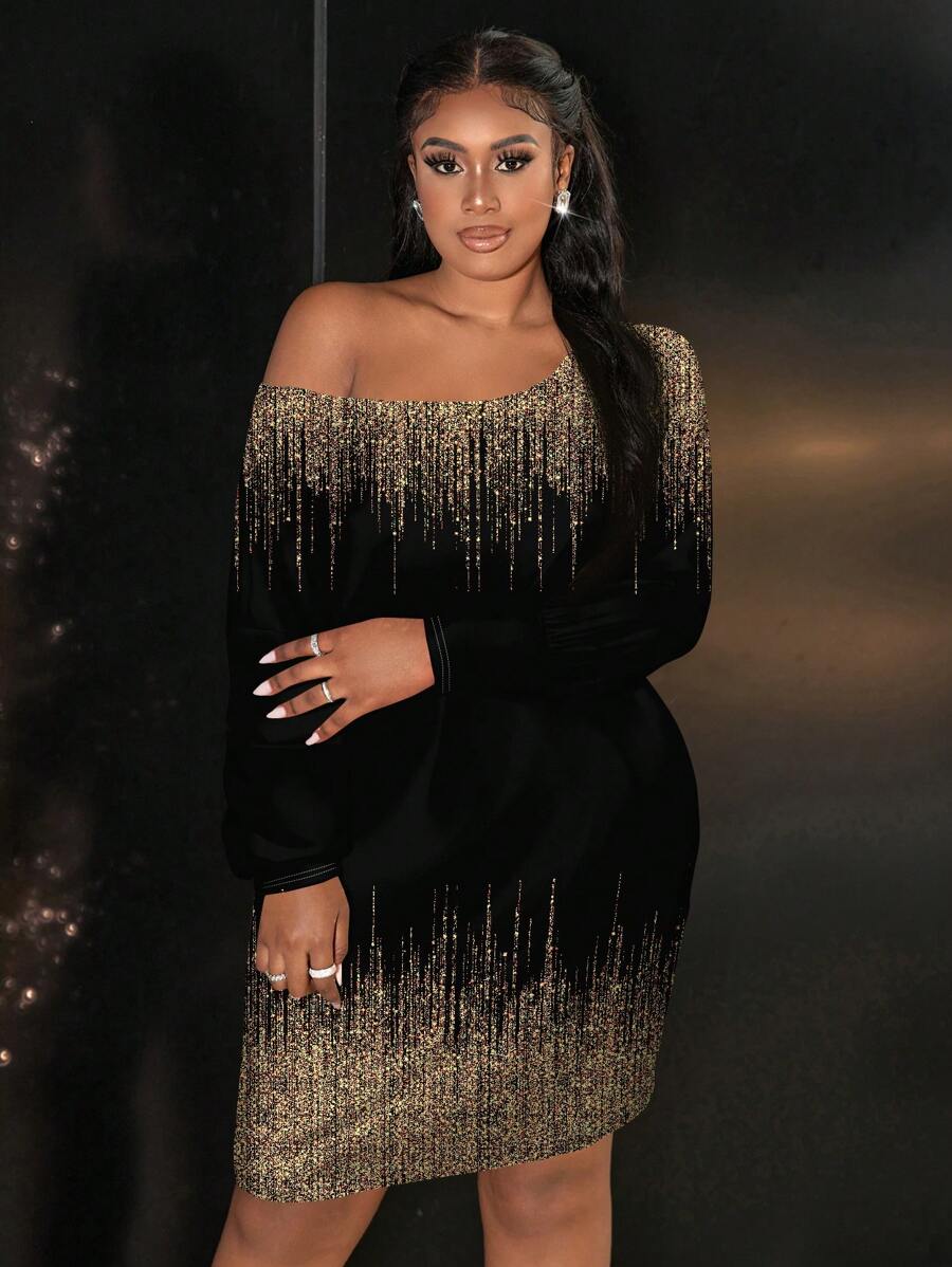 Slaydiva Plus Size Casual Eenvoudige Full-Print Zwart En Gouden Jurk - Tout Pour Vous