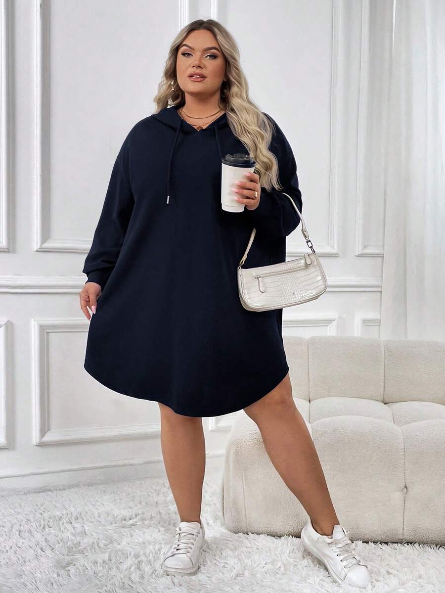 SHEIN CURVE+ Plus-size dames casual sport losse hoodiejurk met gebogen zoom, herfst/winter - Tout Pour Vous