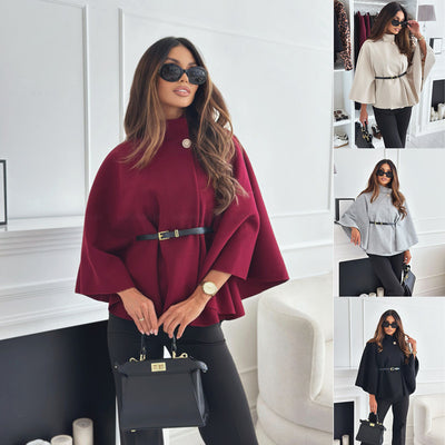 New Stand Collar Batwing Sleeves Cloak Top With Belt Ins Fashion Temperament Jacket Woolen Sweater Outwear For Women Clothing - Tout Pour Vous