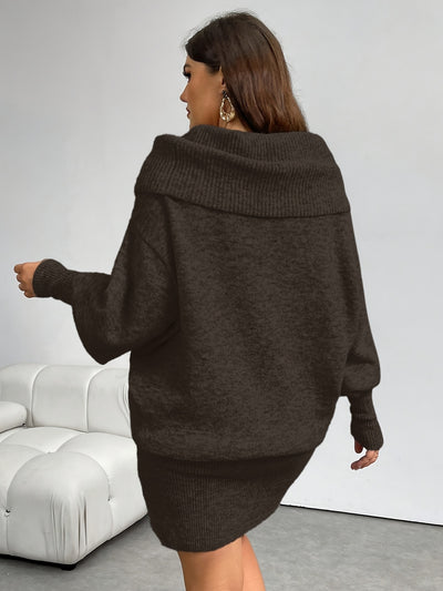 Plus Size, 21e Eeuw Grijze Off-Shoulder Jurk - Elegante Lange Mouwen A-Lijn Midi Jurk met Stack Neck, All-Season Casual tot Formele Kleding (Kantoor, Feest, Bruiloft) - Zachte Stof, No-Design